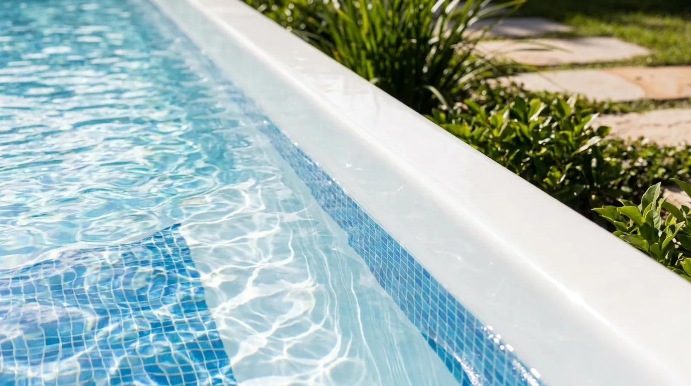 A finished composite fiberglass pool with a smooth teal gelcoat surface set in an Ohio backyard