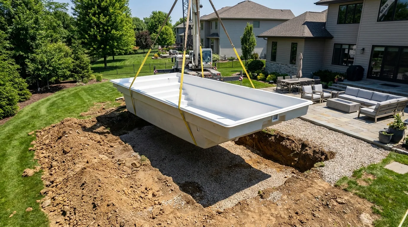 A fiberglass pool shell being lowered into an excavated Ohio backyard by crane