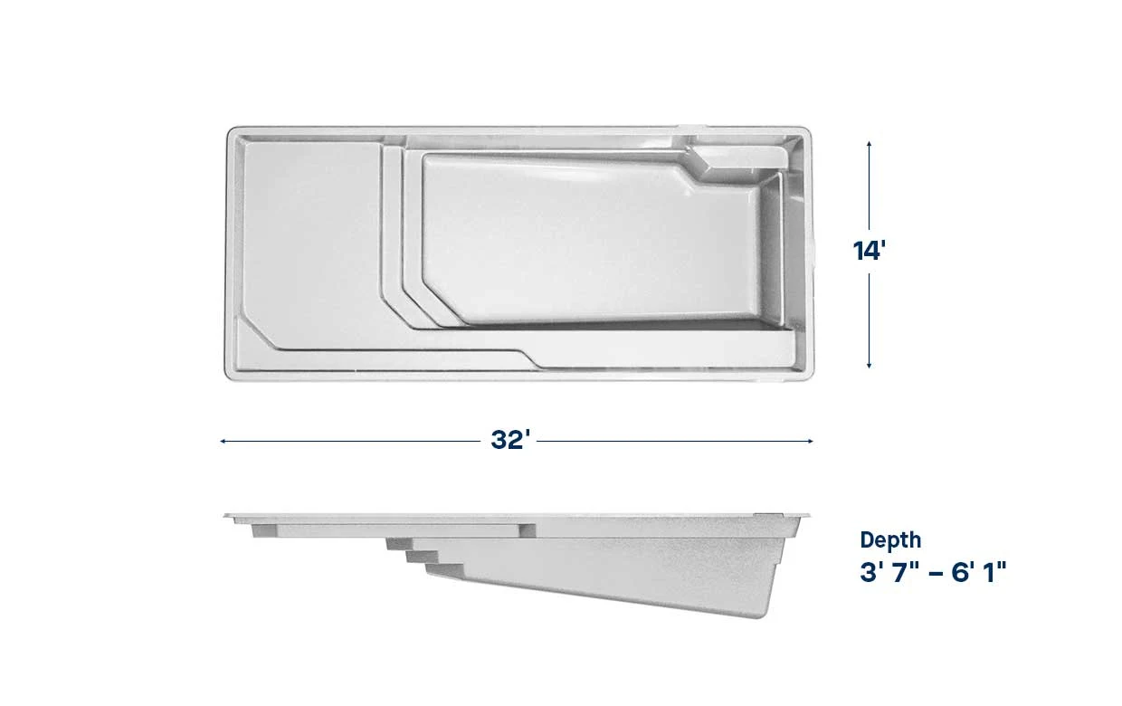 Apollo pool dimensions: 32 ft long, 14 ft wide, depth 3′7″ – 6′1″