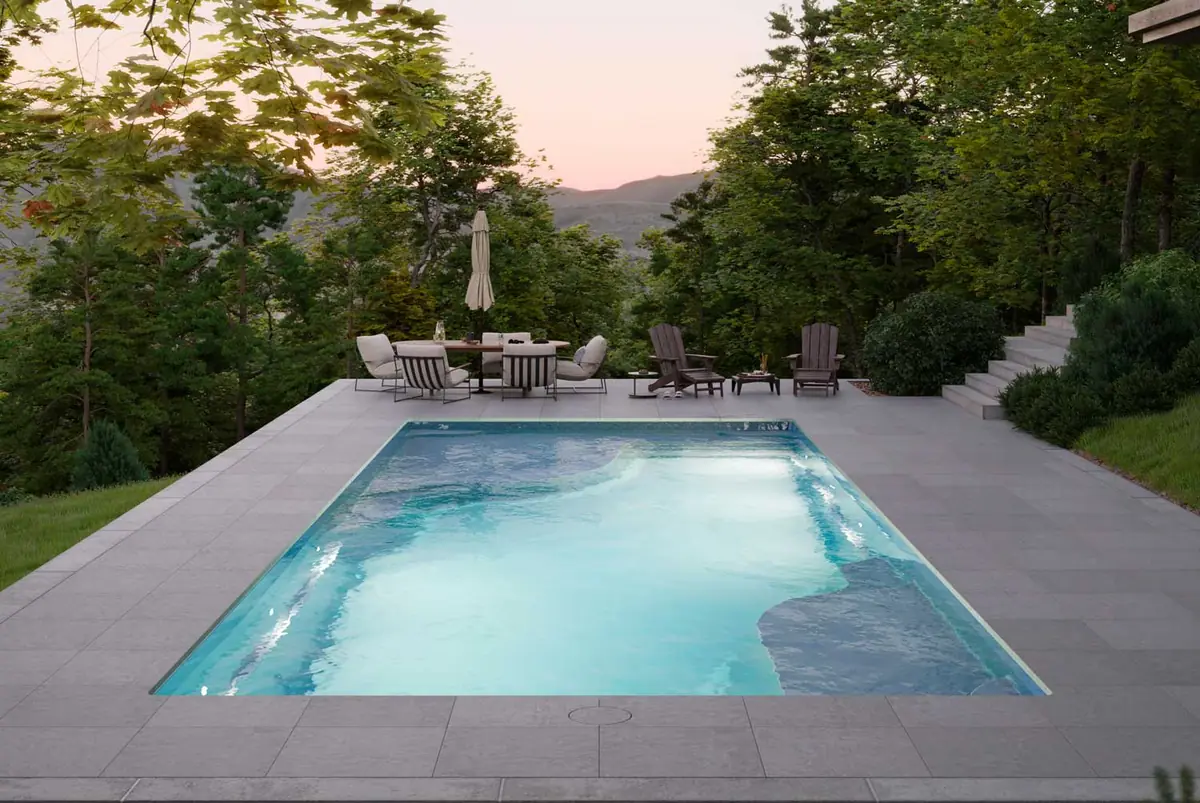 Ariel 16 rectangle fiberglass pool installation, view 2