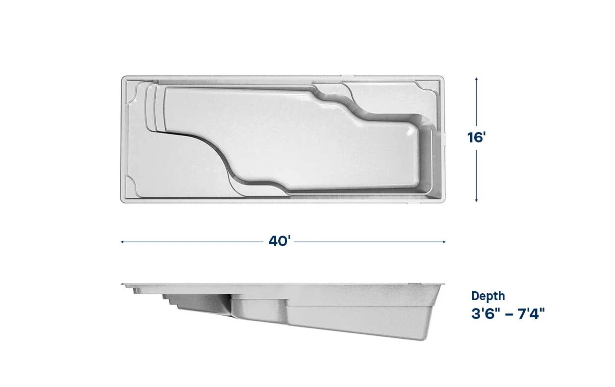 Ariel 16 pool dimensions: 40 ft long, 16 ft wide, depth 3′6″ – 7′4″