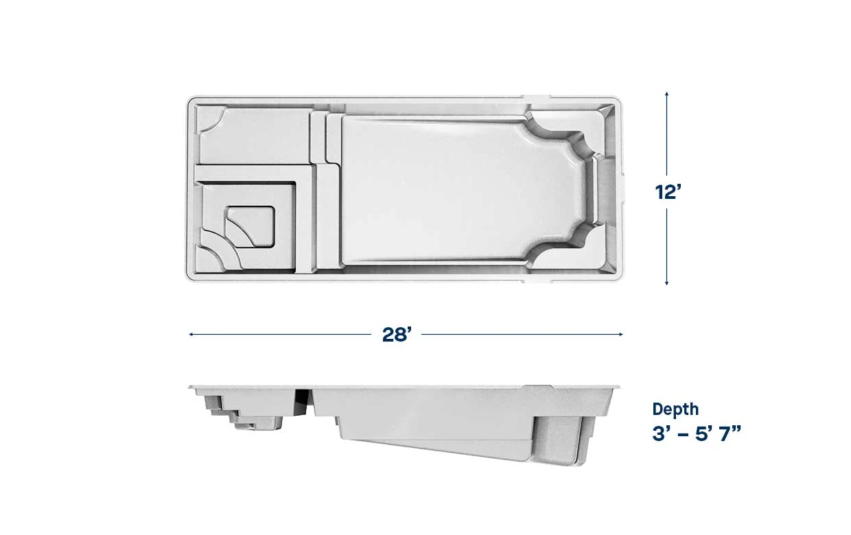 Astoria 12 pool dimensions: 28 ft long, 12 ft wide, depth 3′ – 5′7″
