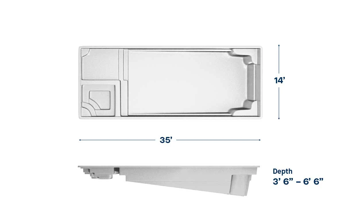 Astoria 14 pool dimensions: 30 ft long, 14 ft wide, depth 3′6″ – 6′6″
