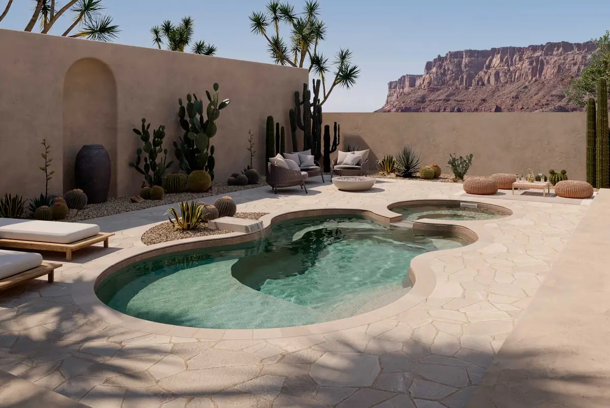 Axiom 12 Deluxe freeform fiberglass pool installation, view 1