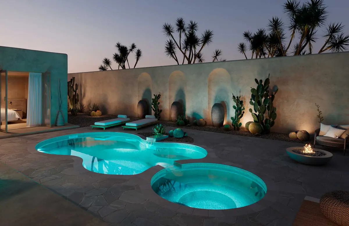 Axiom 12 Deluxe freeform fiberglass pool installation, view 2