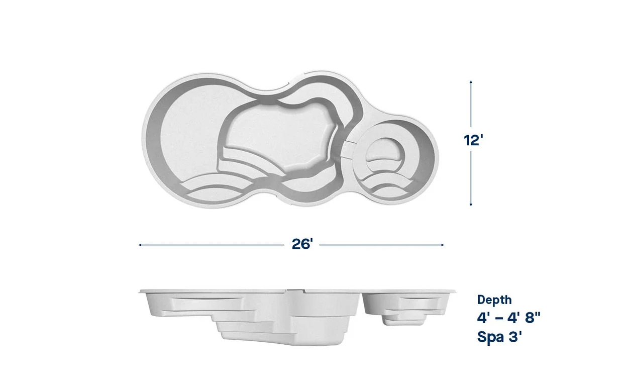 Axiom 12 Deluxe pool dimensions: 26 ft long, 12 ft wide, depth 4′ – 4′8″