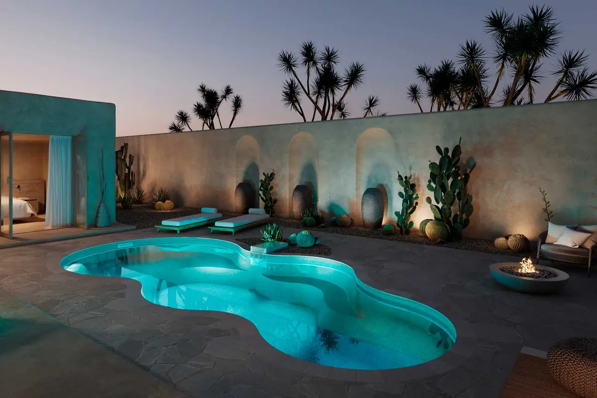 Axiom 12 freeform fiberglass pool installation, view 2
