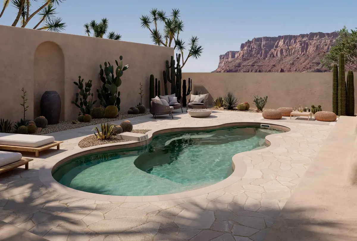 Axiom 14 Deluxe freeform fiberglass pool installation, view 1