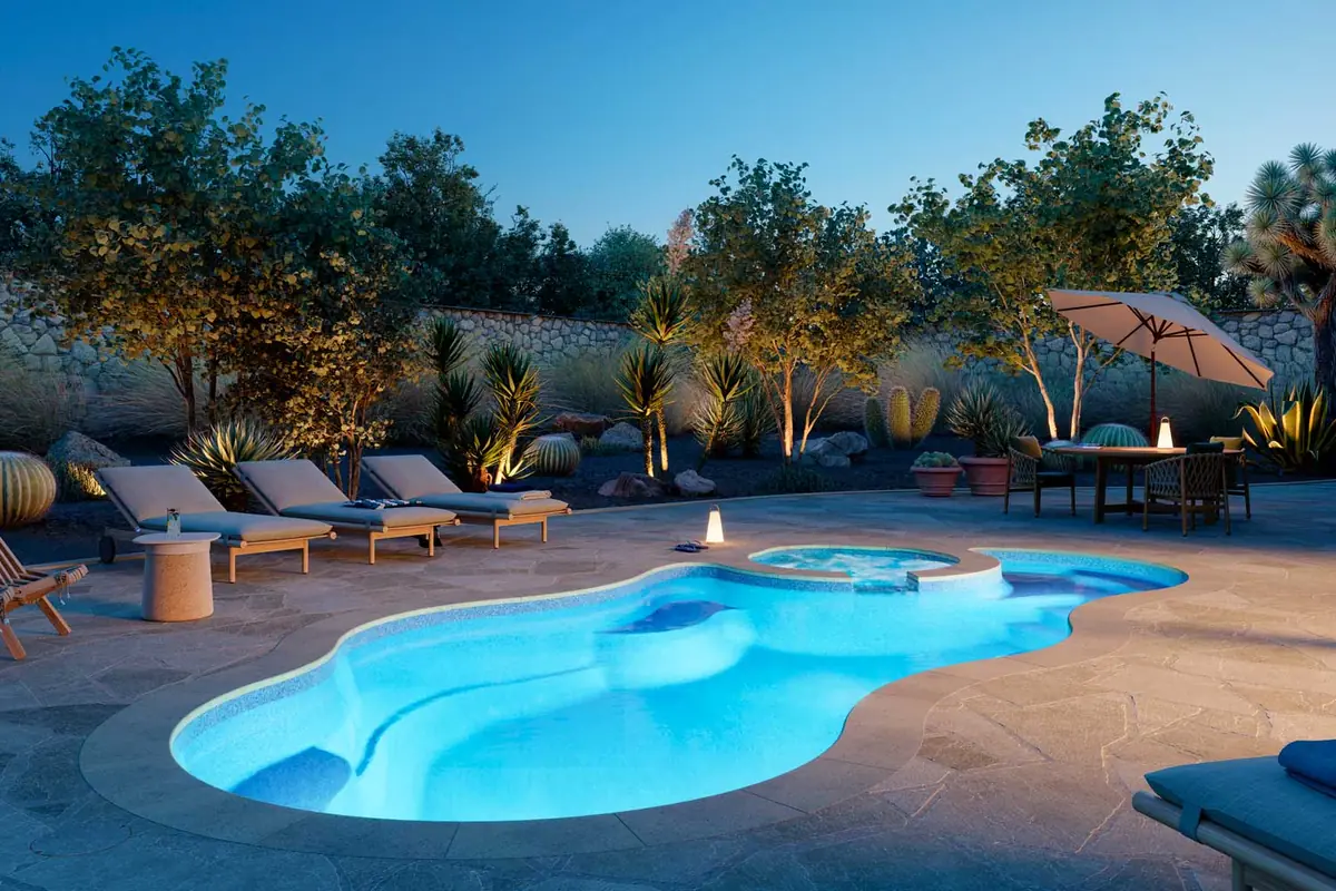 Bermuda 12 Deluxe freeform fiberglass pool installation, view 2
