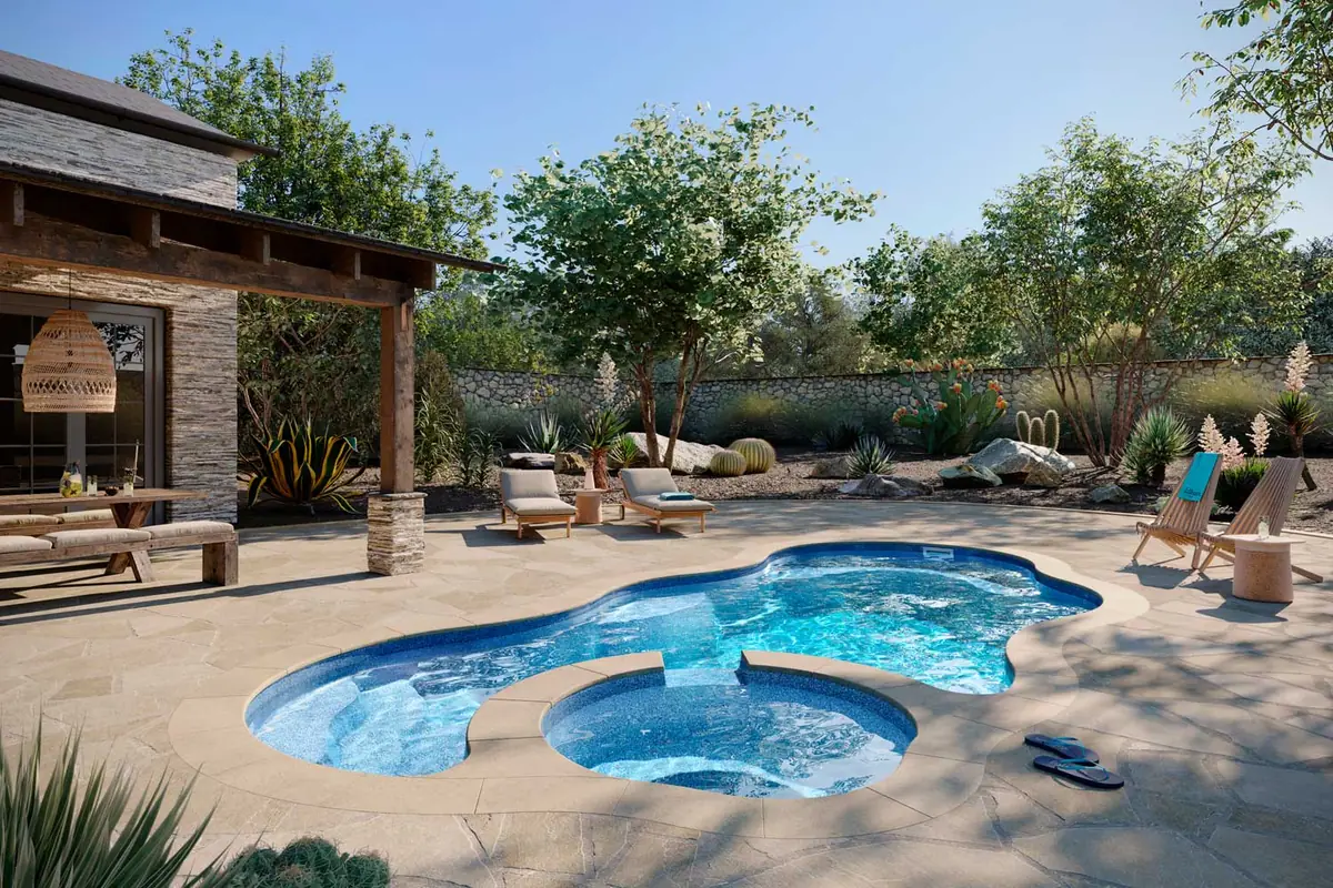 Bermuda 14 freeform fiberglass pool installation, view 1