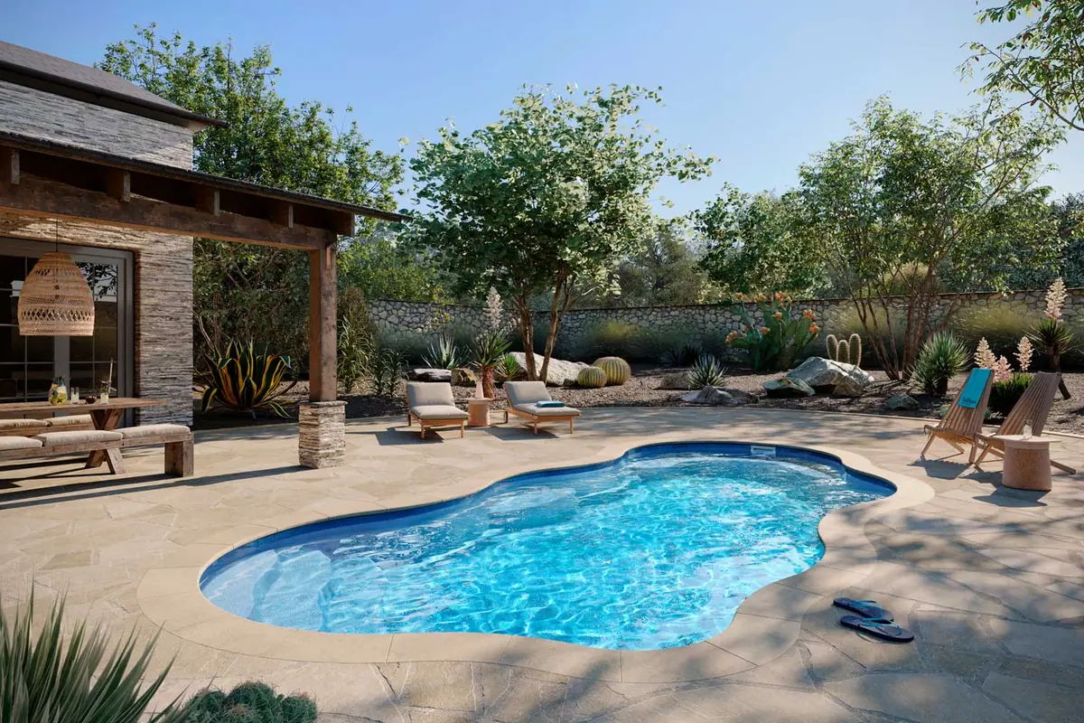 Bermuda 16.35 freeform fiberglass pool installation, view 1