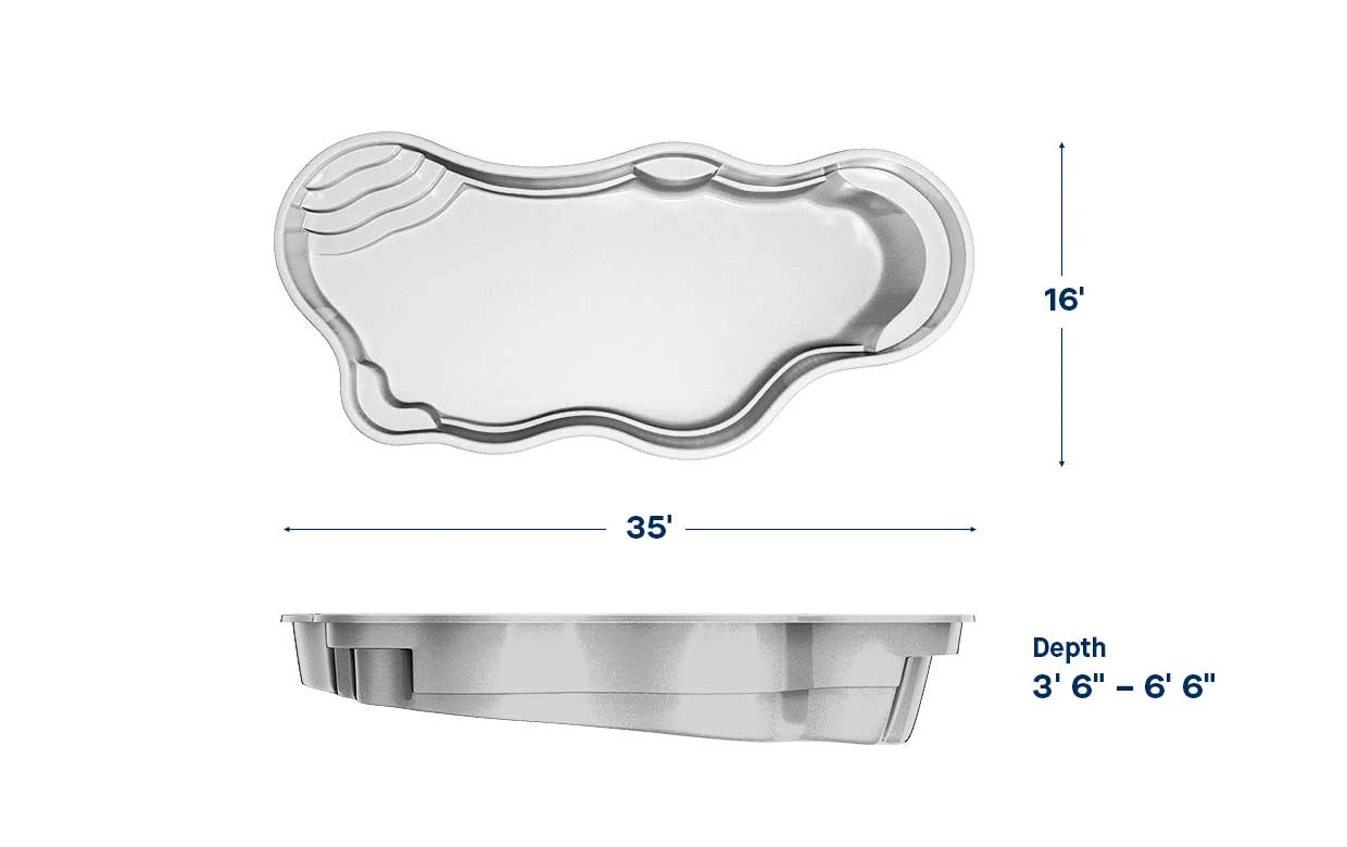 Bermuda 16.35 pool dimensions: 35 ft long, 16 ft wide, depth 3′6″ – 6′6″