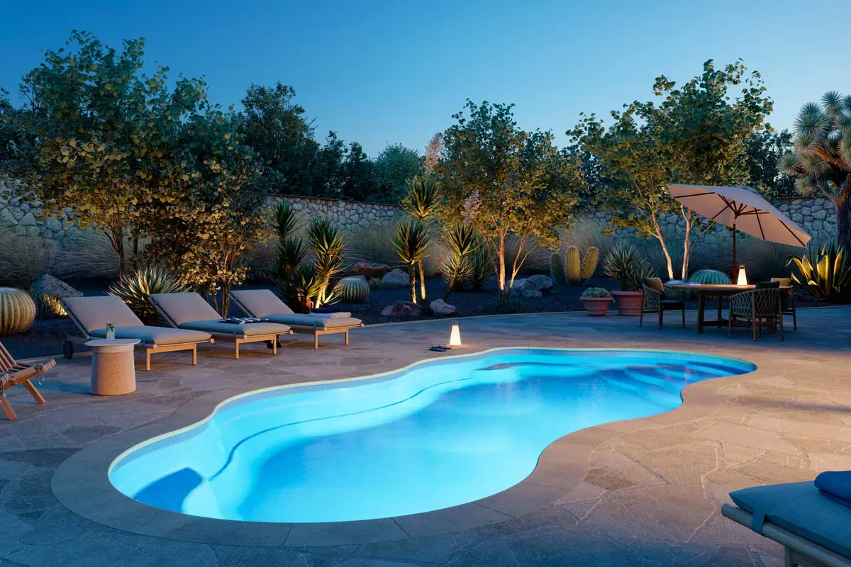 Bermuda 16.40 freeform fiberglass pool installation, view 2