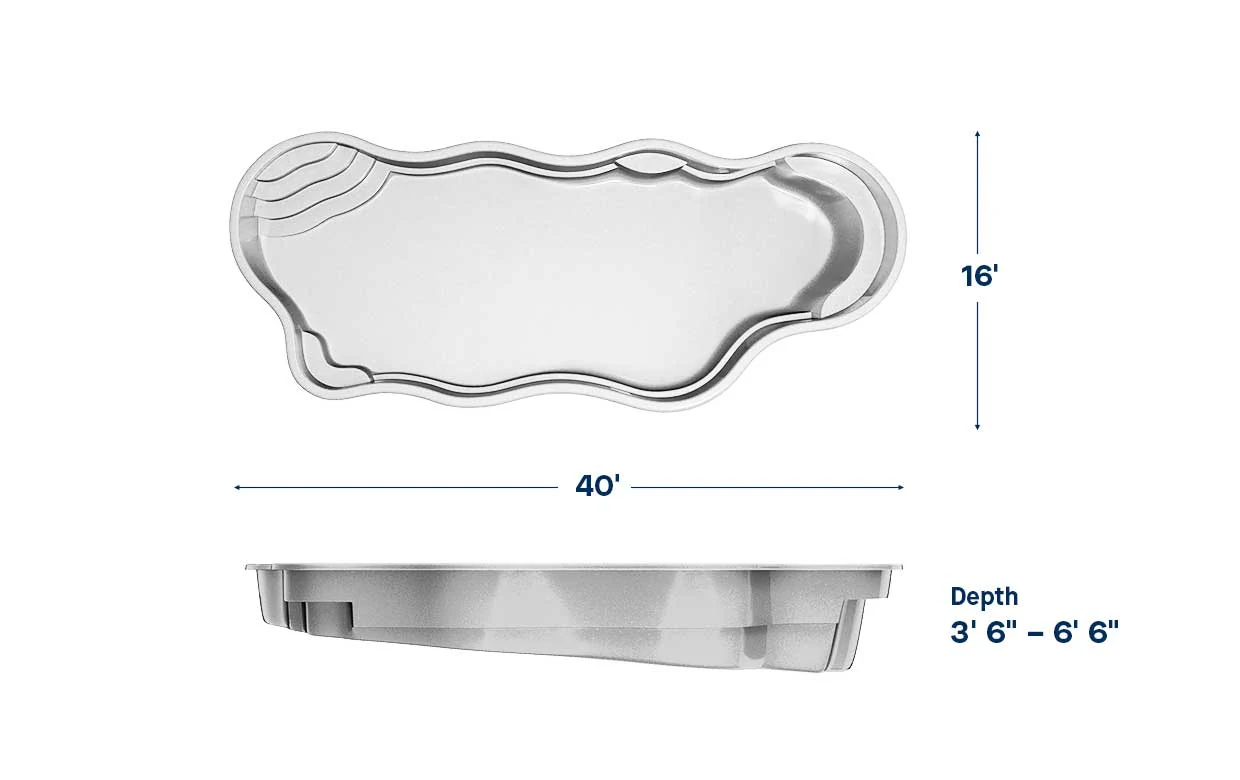 Bermuda 16.40 pool dimensions: 40 ft long, 16 ft wide, depth 3′6″ – 6′6″