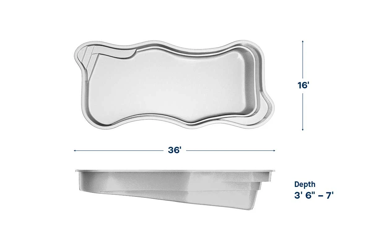 Cape Cod 16 pool dimensions: 36 ft long, 16 ft wide, depth 3′6″ – 7′