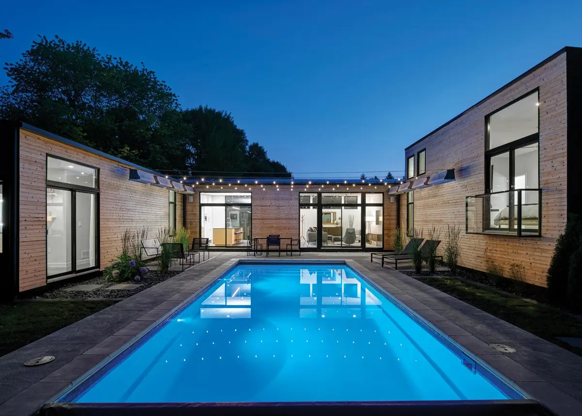 Claremont rectangle fiberglass pool installation, view 1