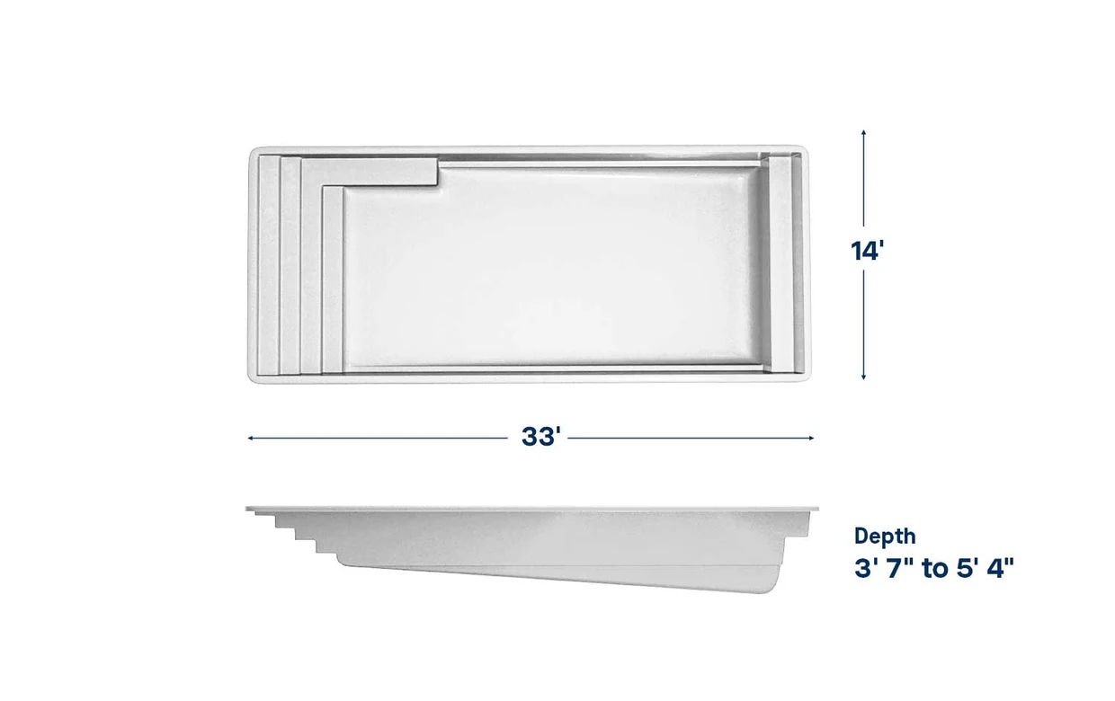 Claremont pool dimensions: 33 ft long, 14 ft wide, depth 3′7″ – 5′4″