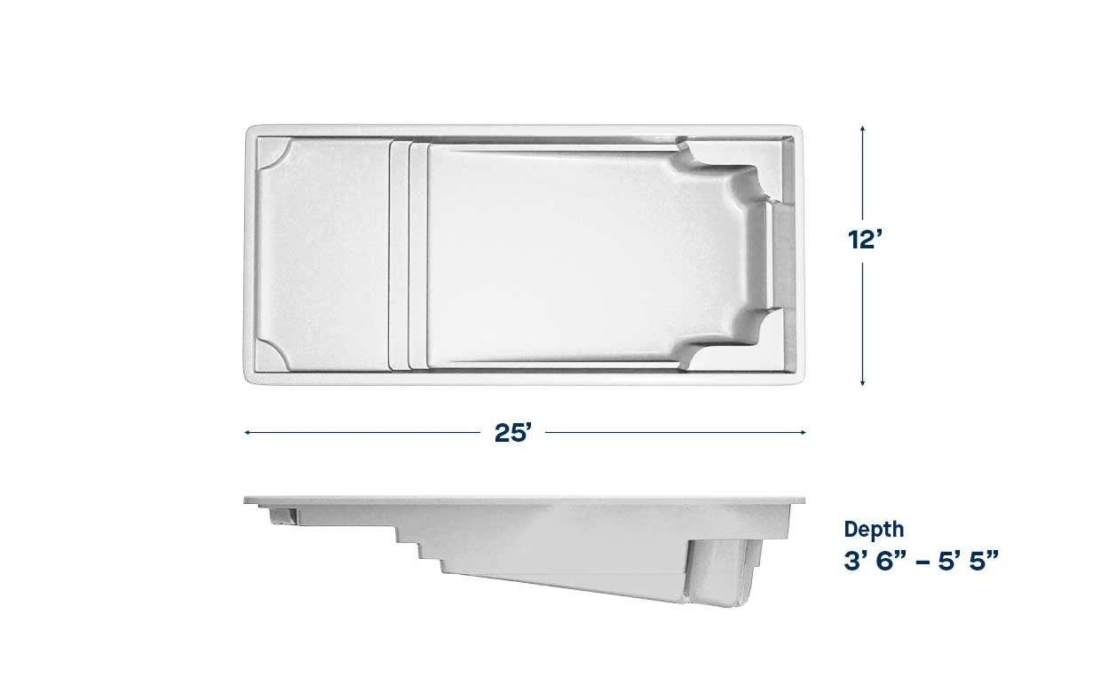 Corinthian 12 pool dimensions: 25 ft long, 12 ft wide, depth 3′6″ – 5′5″