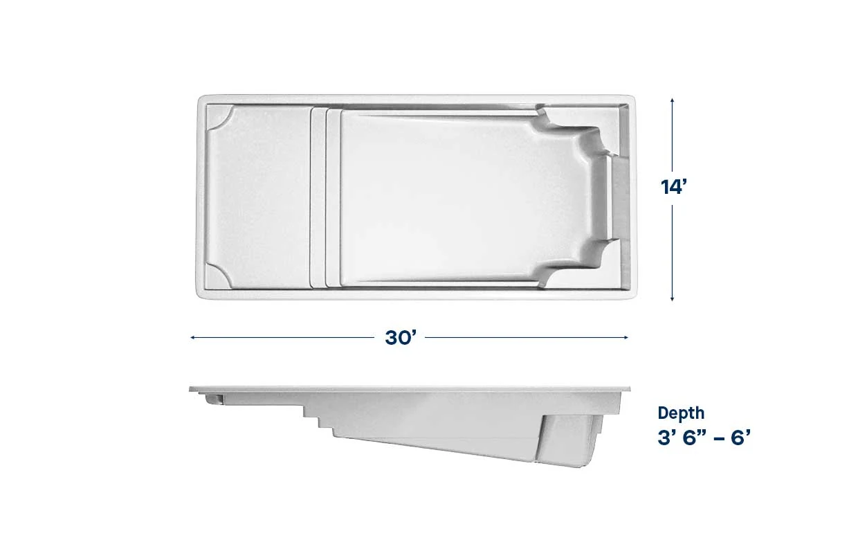 Corinthian 14 pool dimensions: 30 ft long, 14 ft wide, depth 3′6″ – 6′