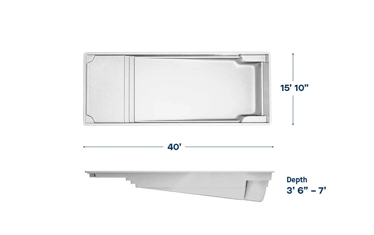 Corinthian 16 pool dimensions: 40 ft long, 16 ft wide, depth 3′6″ – 7′