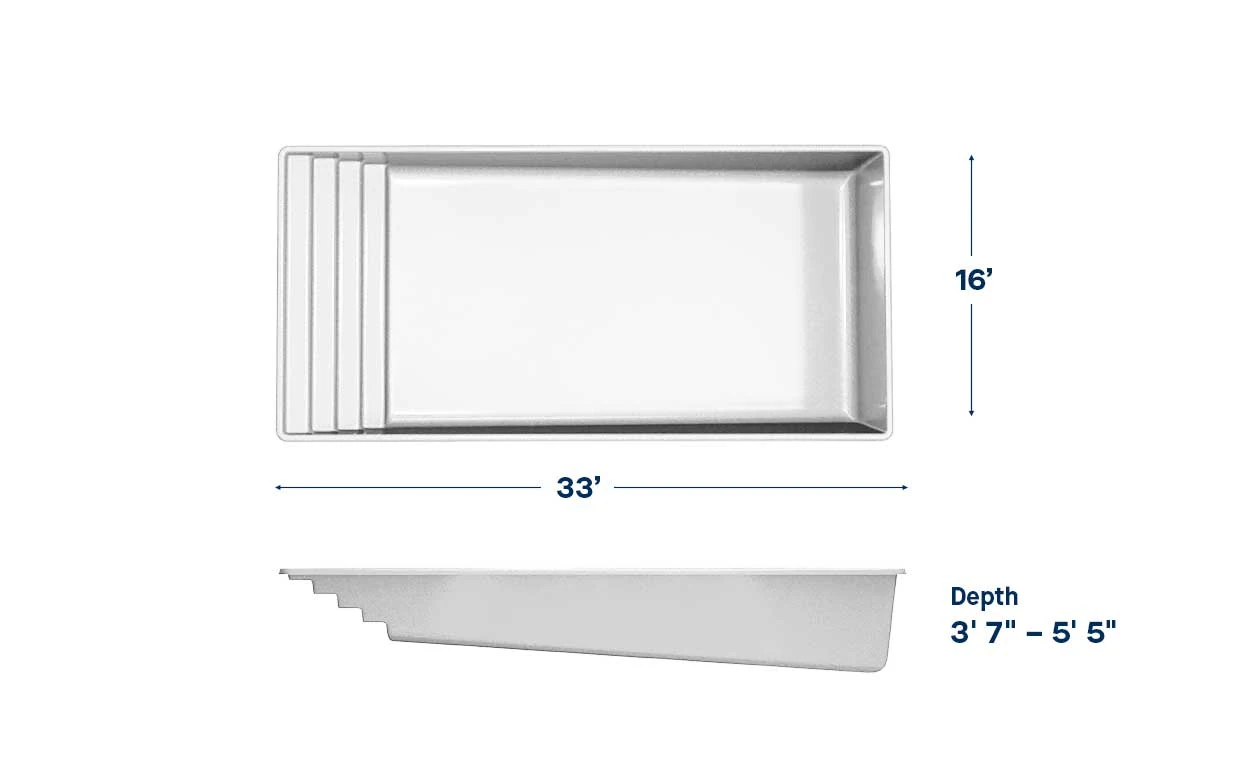 Lake Shore pool dimensions: 33 ft long, 16 ft wide, depth 3′7″ – 5′5″