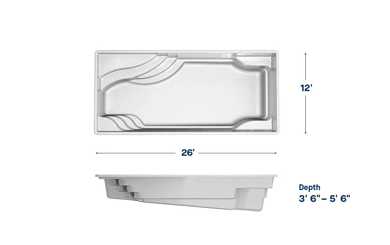 Olympia 12 pool dimensions: 26 ft long, 12 ft wide, depth 3′6″ – 5′6″