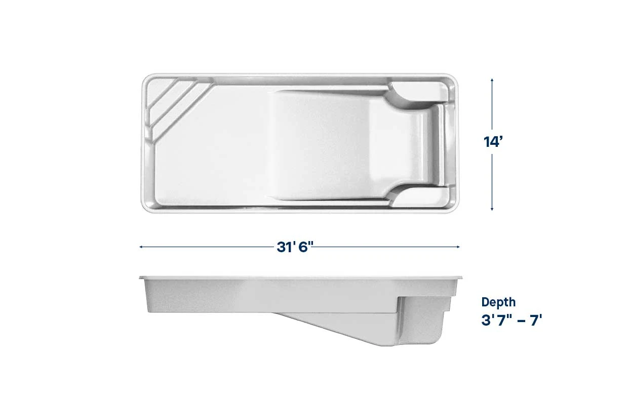 St Thomas pool dimensions: 36 ft long, 14 ft wide, depth 3′7″ – 7′