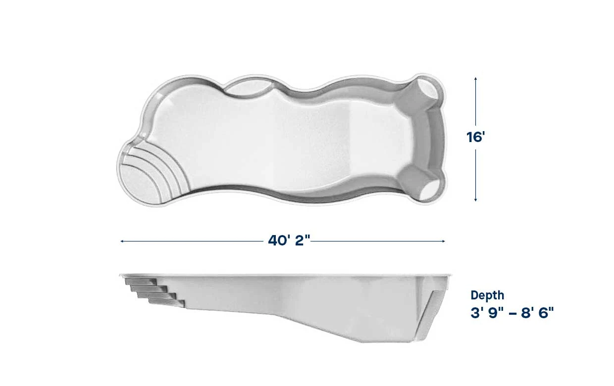 Synergy Grand pool dimensions: 40 ft long, 16 ft wide, depth 3′9″ – 8′6″