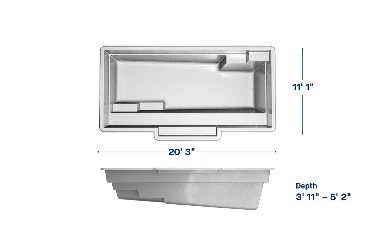 Tuscan 11.20 pool dimensions: 20 ft long, 11 ft wide, depth 3′11″ – 5′2″