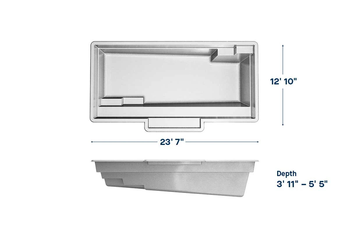 Tuscan 13.24 pool dimensions: 24 ft long, 13 ft wide, depth 3′11″ – 5′5″